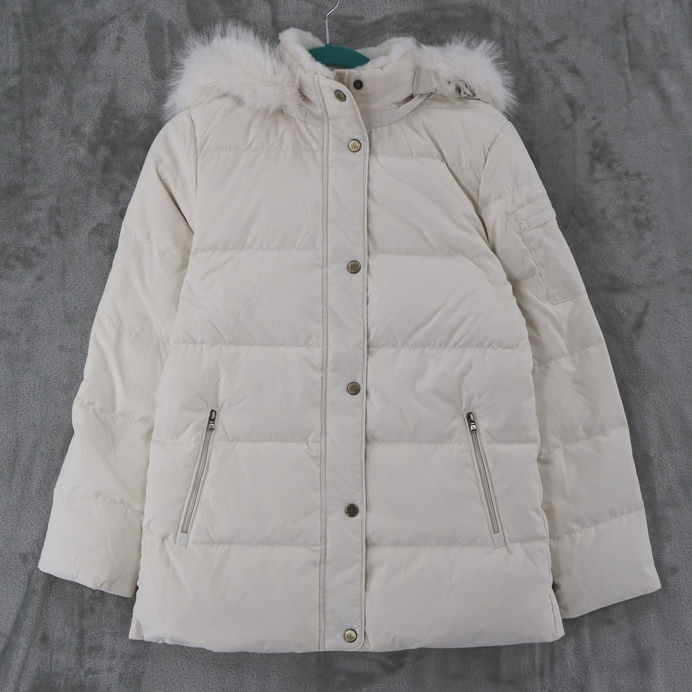 Lauren Ralph Lauren Faux Fur Down Puffer Jacket Women XS‎ White Hooded Coat NWOT